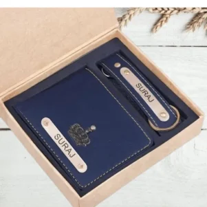 Personalized Leather Wallet and Keychain (Blue)
