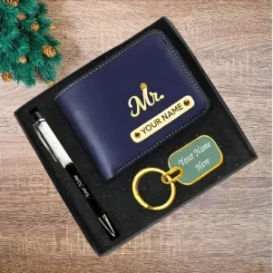 Name engraved wallet with pen keychain